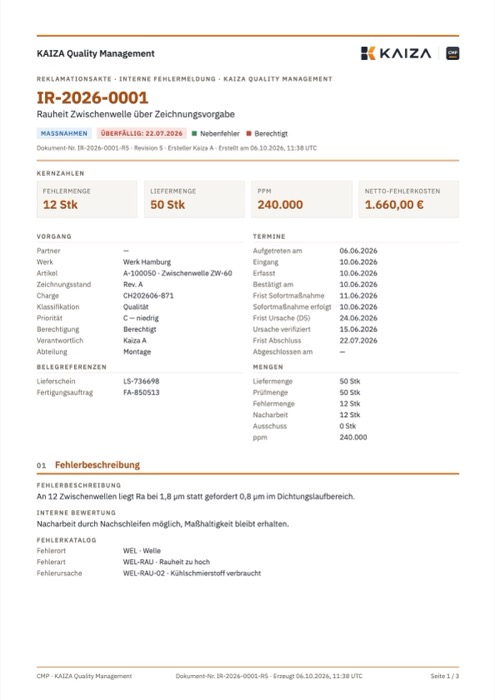 Reklamationsakte IR-2026-0001 als PDF, Seite 1 mit Kennzahlen